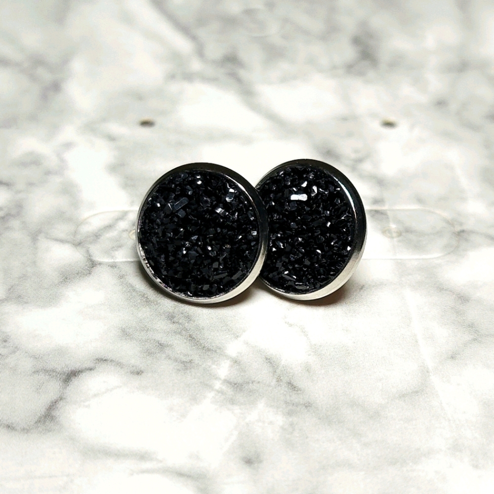 Black Druzy Stud Earrings